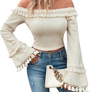 Boho Off Shoulder Flounce long Sleeved Fringe detailed black Blouse Top